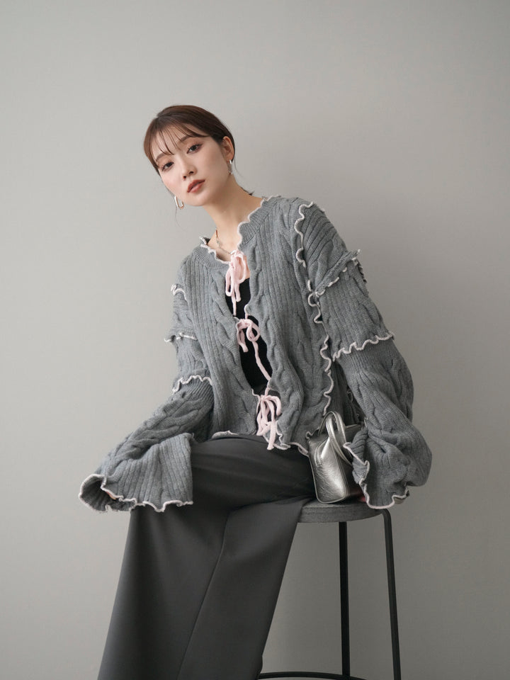 [予約]フロントリボン配色メローニットカーディガン/gray