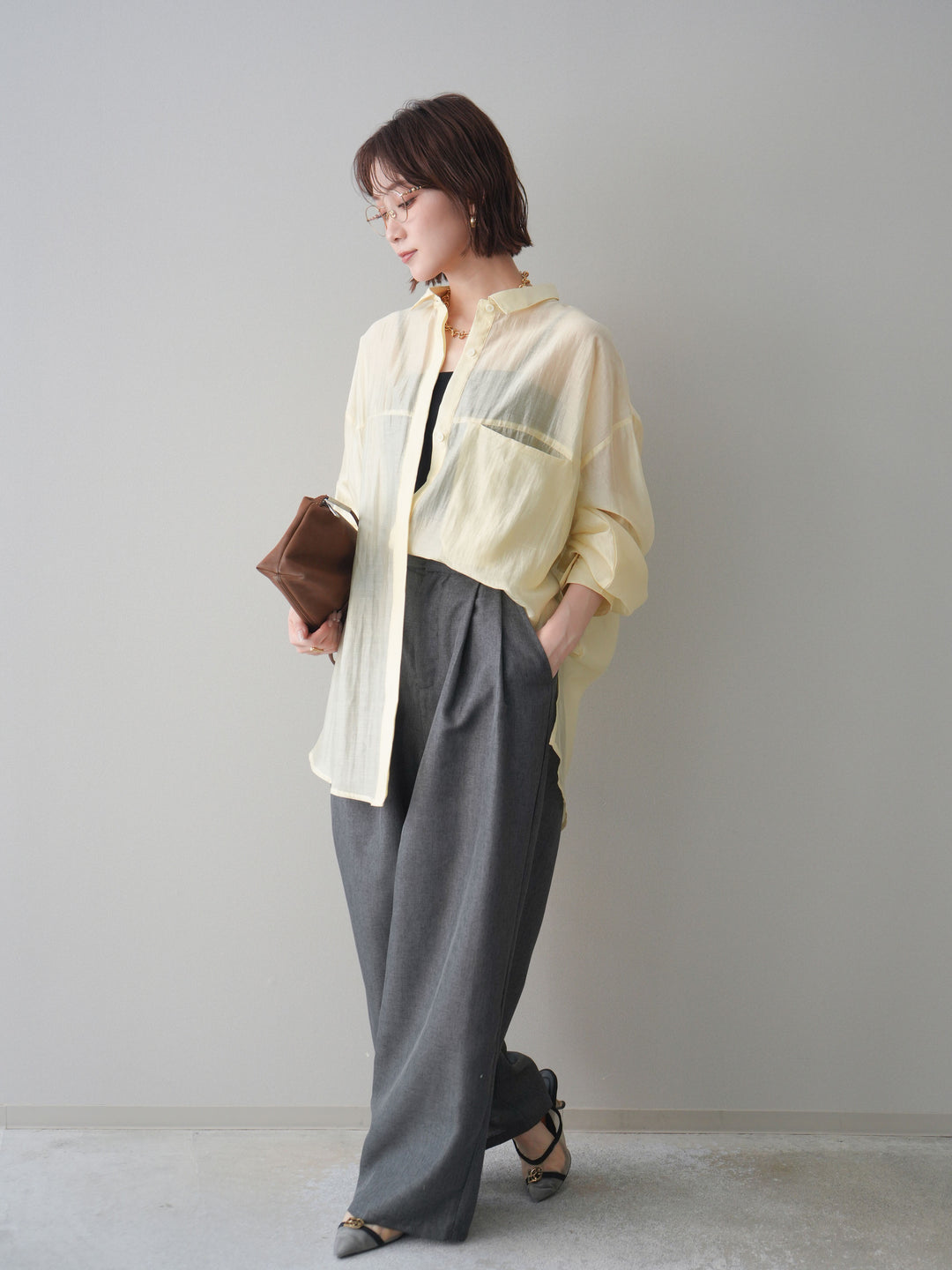 [予約]リネンライクタックワイドパンツ/charcoal