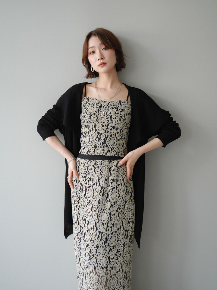 [SET]ドレープリブニットガウン+フルレースキャミ＆IラインスカートSET UP(2set)