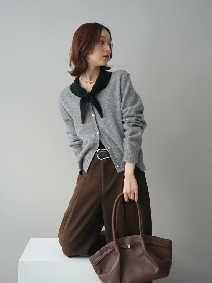 [SET]デザイン襟ニットカーディガン+ベルト付起毛コクーンパンツ(2set)