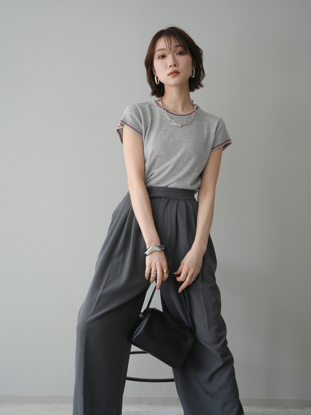 [SET]配色ハーフスリーブニットトップス+メニータックワイドパンツ(2set)