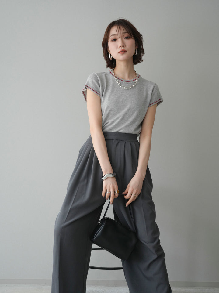 [SET]配色ハーフスリーブニットトップス+メニータックワイドパンツ(2set)