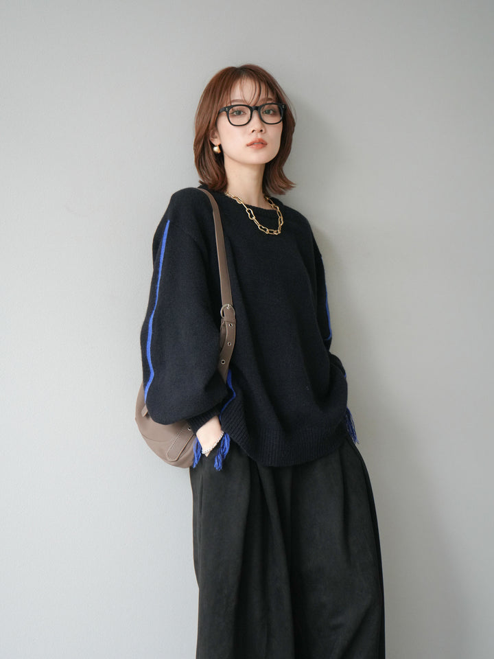 [SET]配色ステッチフリンジニットプルオーバー +スウェードタックワイドパンツ(2set)