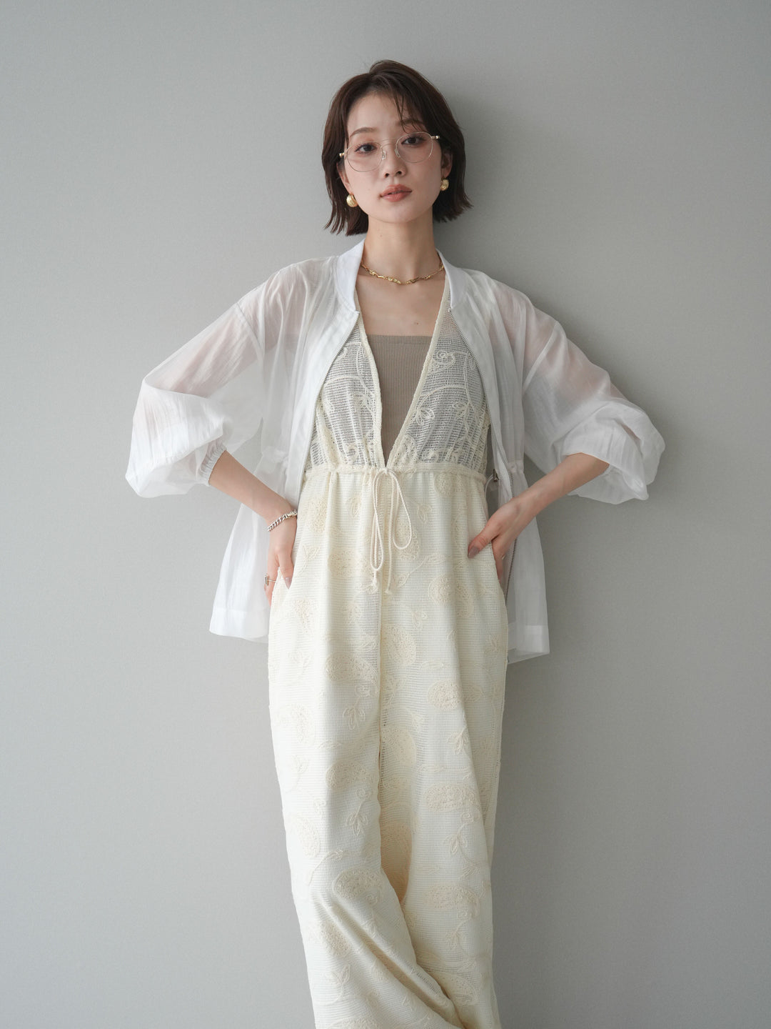 [SET]レース刺繍サロペット+ドロストシアーブルゾン(2set)