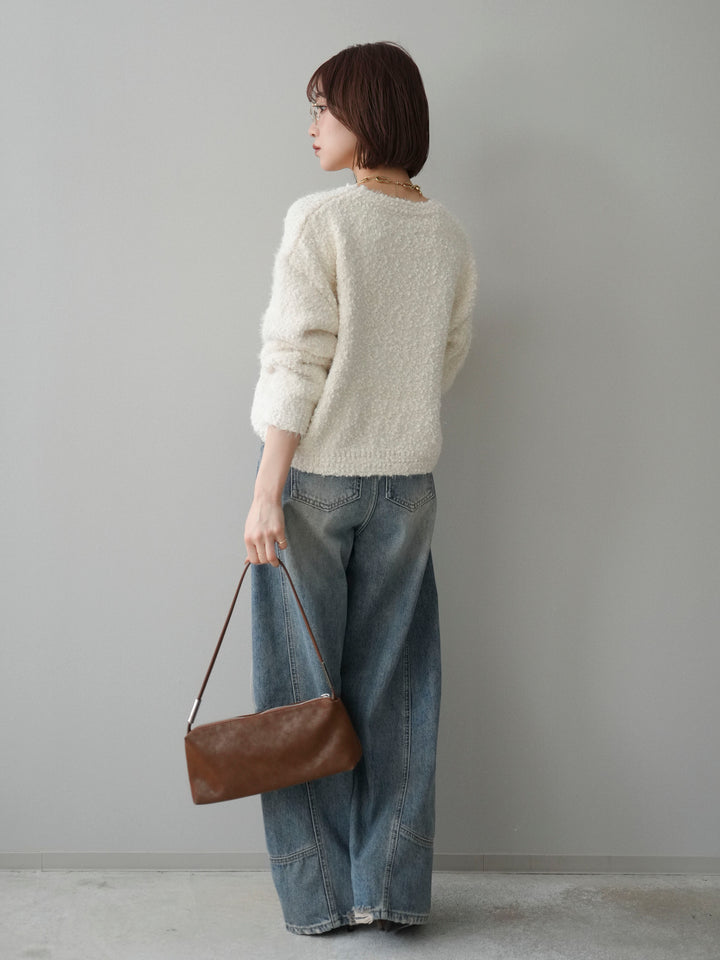 [SET]モールラメミックスヤーンニットプルオーバー+ベルト付カーブデニムパンツ(2set)