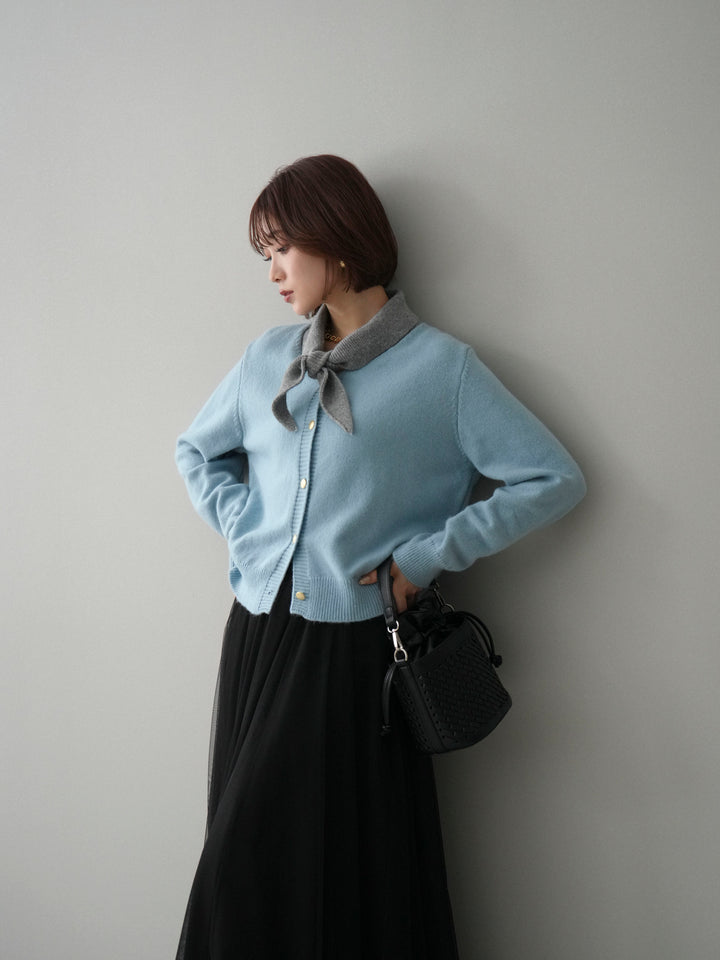 [SET]デザイン襟ニットカーディガン+チュールボリュームスカート(2set)