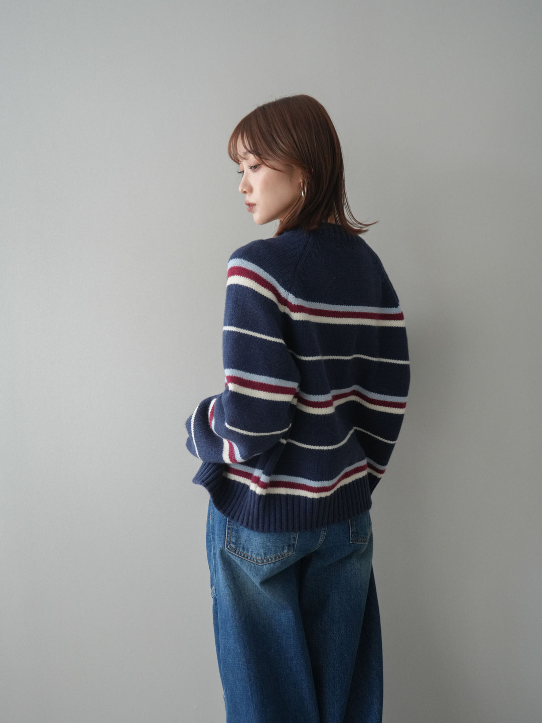 [予約]ランダムボーダーニットカーディガン/navy