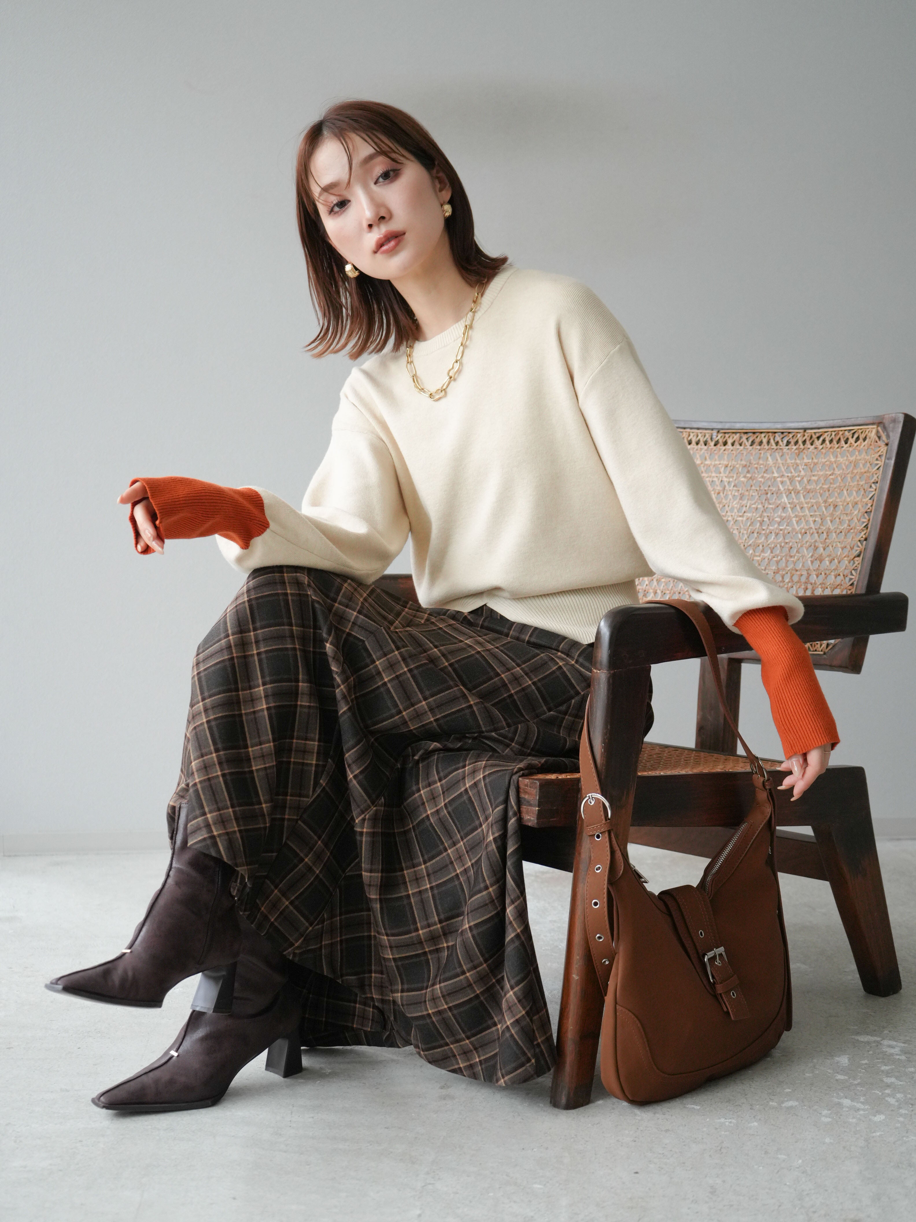 予約]チェック柄マーメイドスカート/ブラウン – Lumier