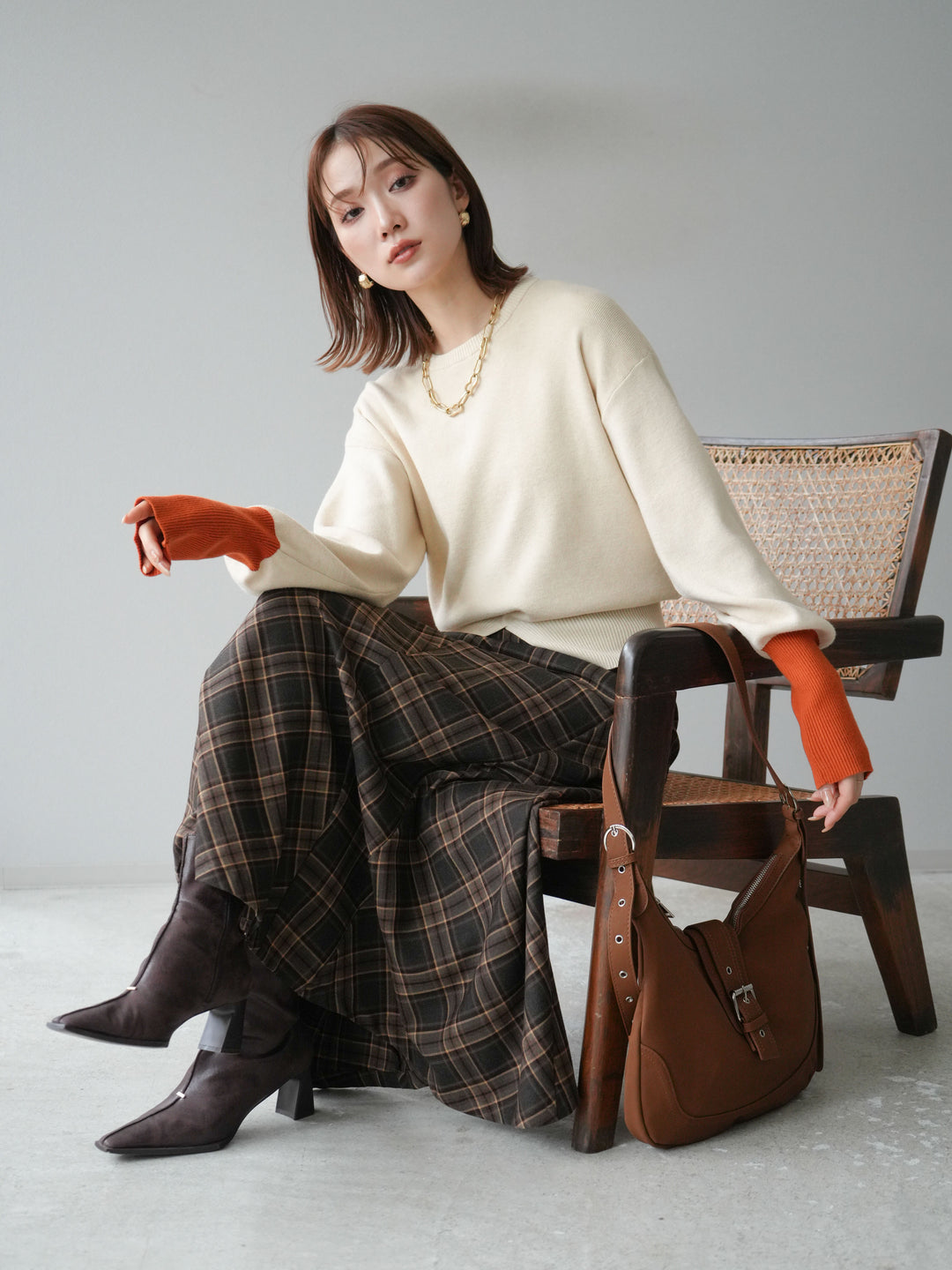 [予約]チェック柄マーメイドスカート/ブラウン