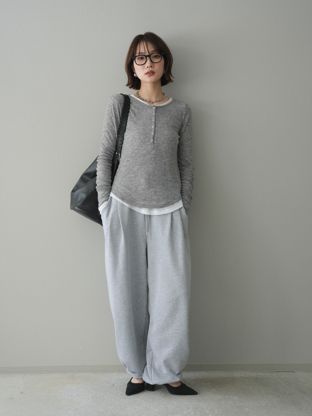 [予約]シアーリブヘンリーネックロンT/gray