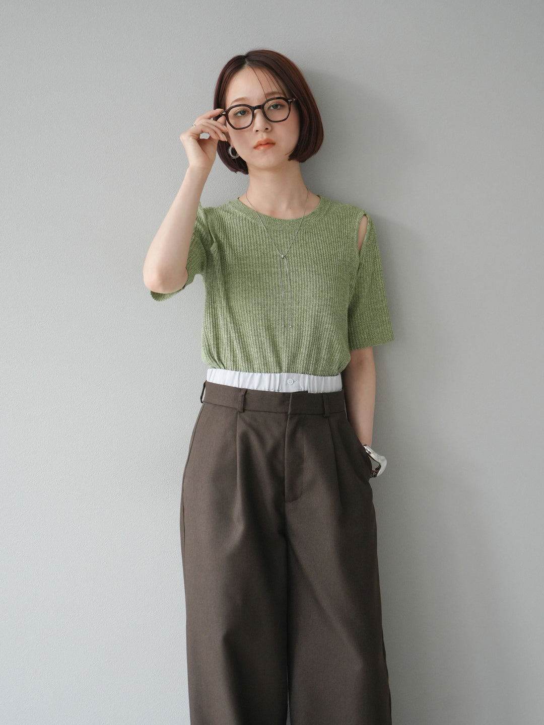 [予約]MIXニットショルダースリットプルオーバー/グリーン