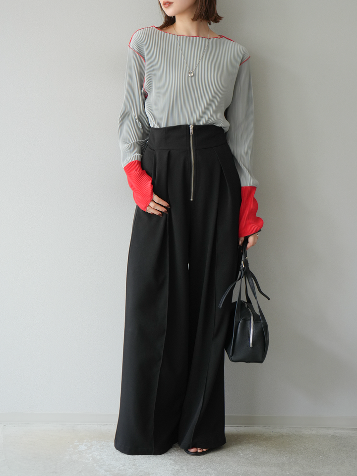 [予約]バイカラープリーツトップス/グレー