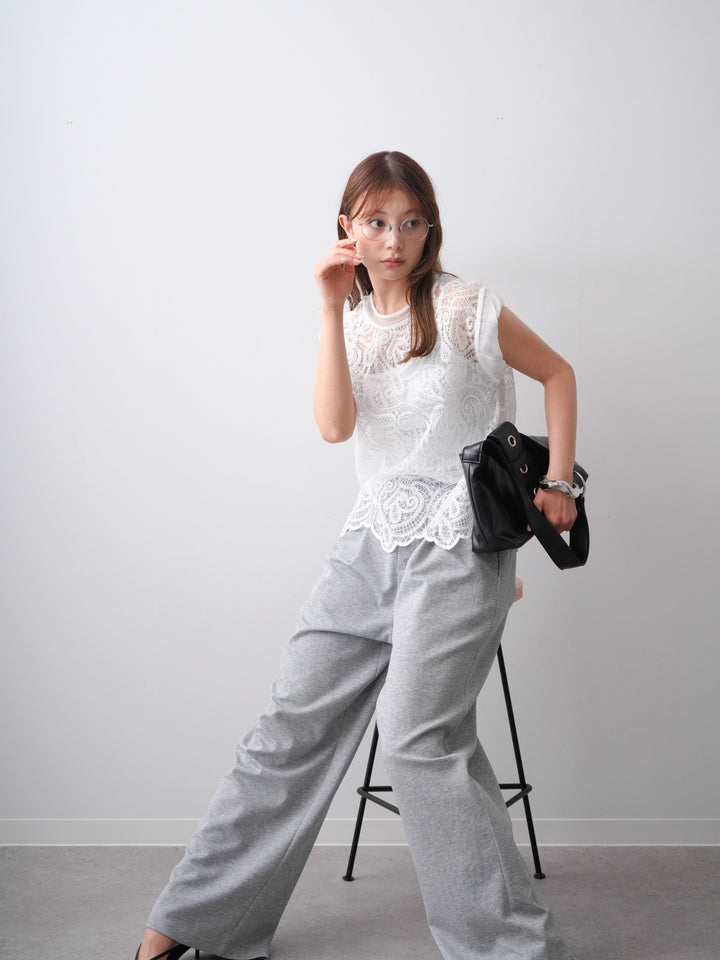 [SET]スカラップヘムレーストップス+リラックスドレープスウェットパンツ(2set)