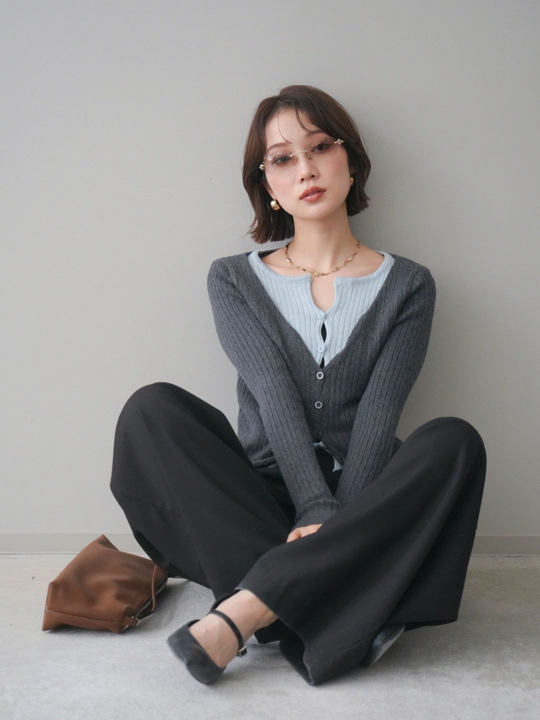 [予約]バイカラーレイヤードニットカーディガン/gray