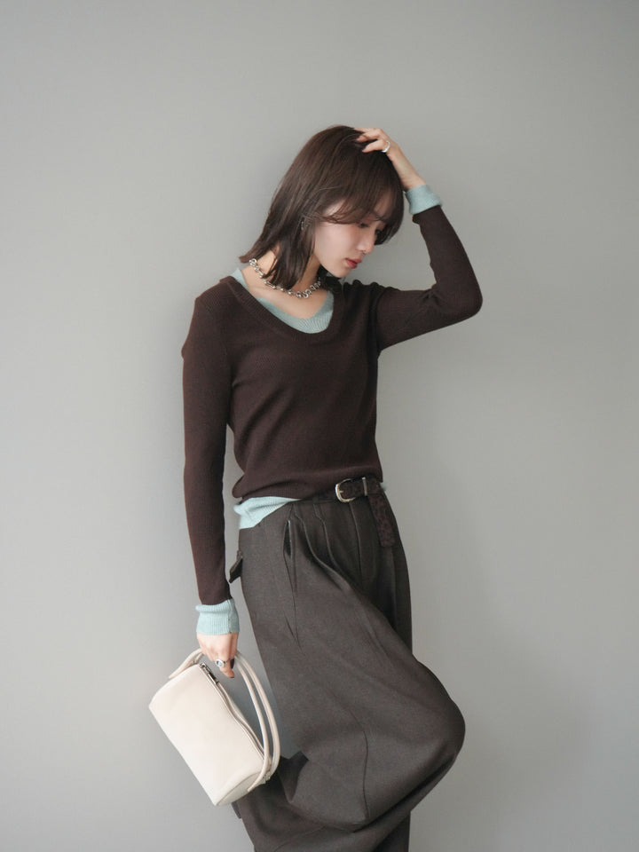 [SET]Uネック配色レイヤードリブニットトップス+Uネック配色レイヤードリブニットトップス(2set)