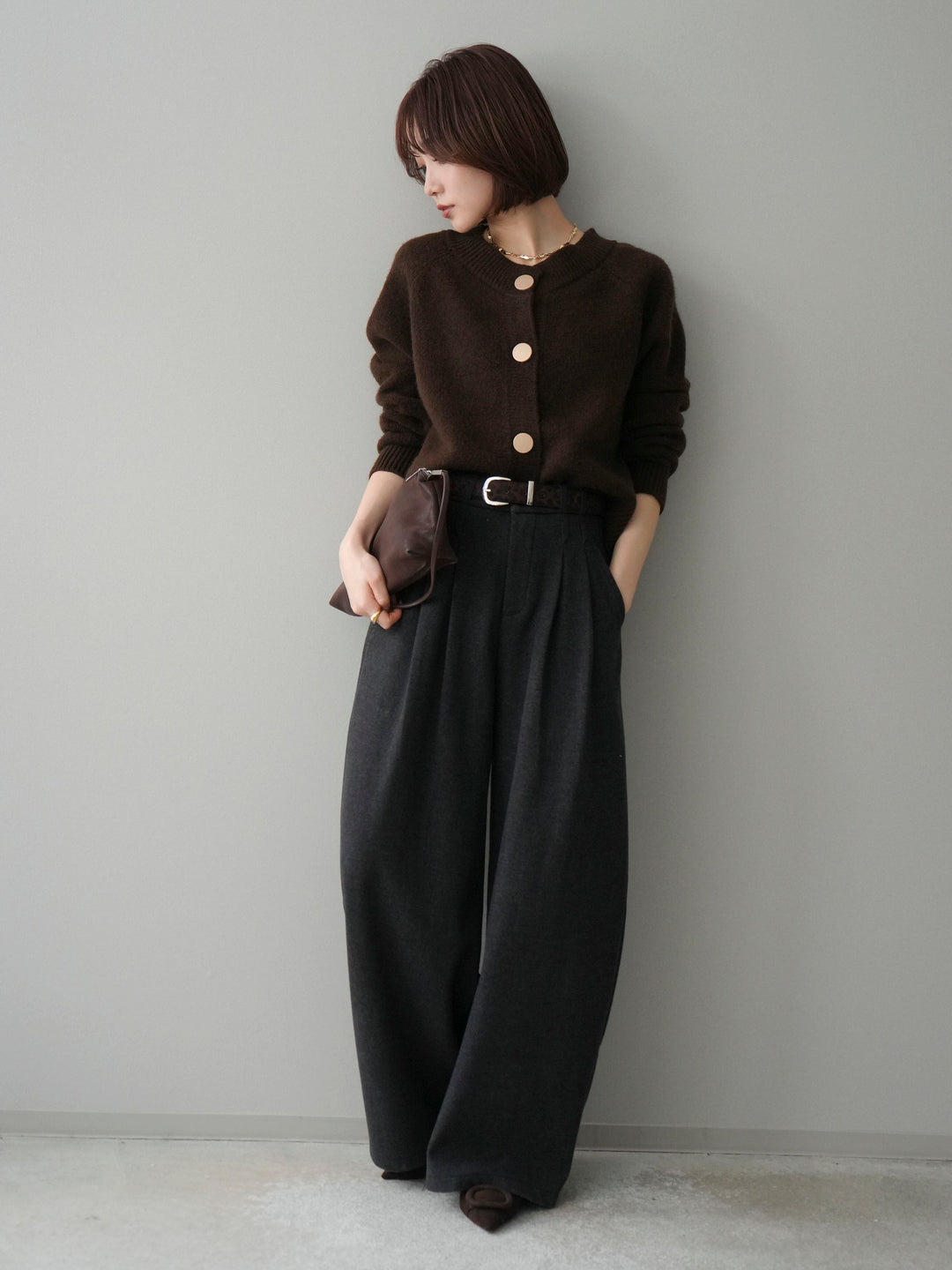 [SET]BIGボタンニットカーディガン+アニマル柄ベルト付きウールタッチワイドパンツ(2set)