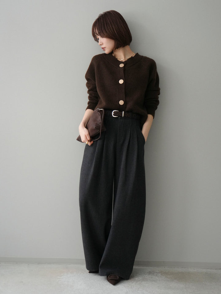 [SET]BIGボタンニットカーディガン+アニマル柄ベルト付きウールタッチワイドパンツ(2set)