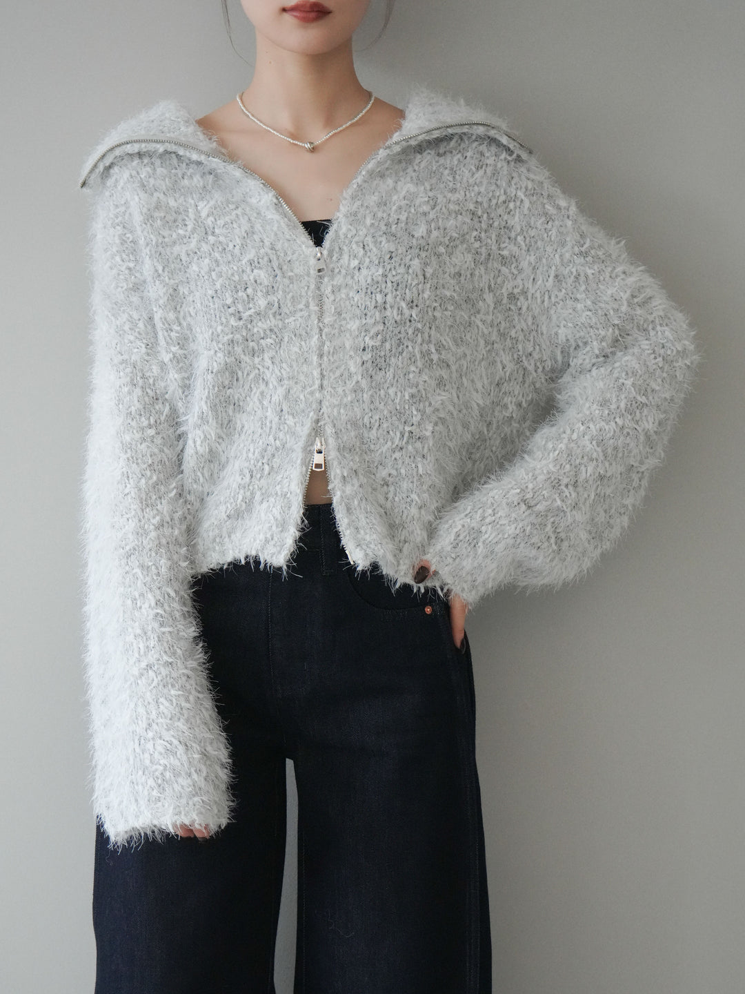 [予約]ミックスシャギージップニットカーディガン/ivory