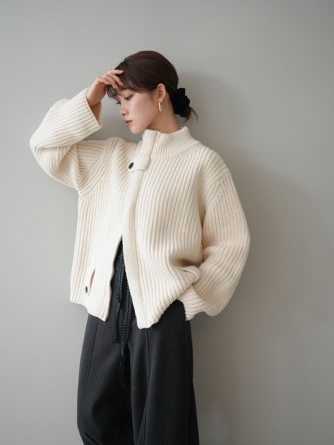 [SET]畦編みボトルネックZIPニットカーディガン+ベルト付裏起毛センターシームカーブパンツ(2set)