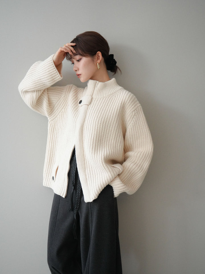 [SET]畦編みボトルネックZIPニットカーディガン+ベルト付裏起毛センターシームカーブパンツ(2set)