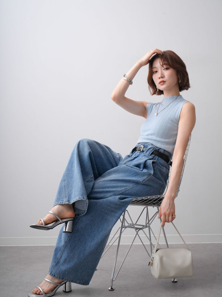 [SET]ランダムリブハイネックノースリニットトップス+ハイウエストベルトループデザインデニムパンツ(2set)