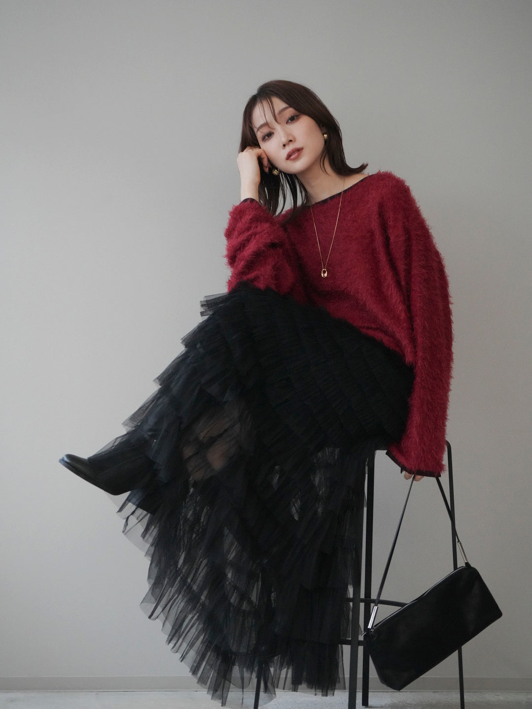 [予約]バイカラー2WAYシャギーニットカーディガン/red