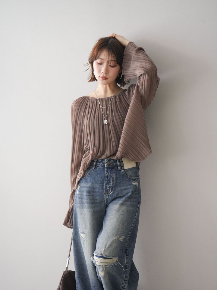 [SET]プリーツシアーフレアスリーブニットトップス+プリーツシアーフレアスリーブニットトップス(2set)