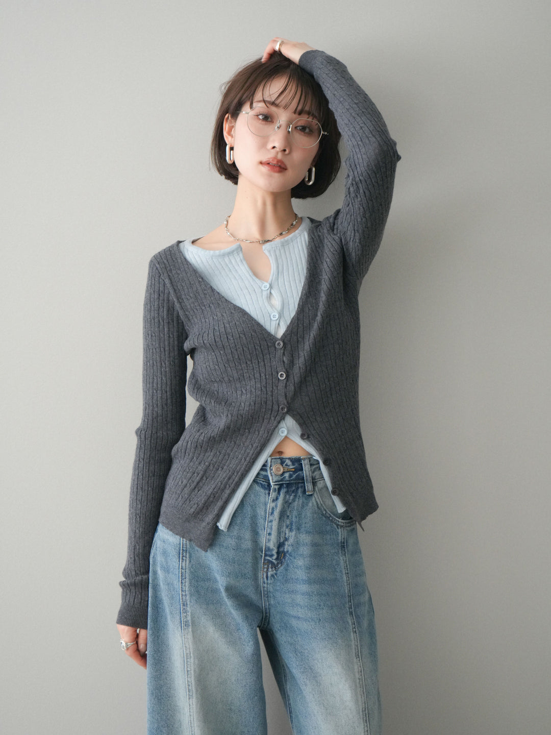 [予約]バイカラーレイヤードニットカーディガン/gray