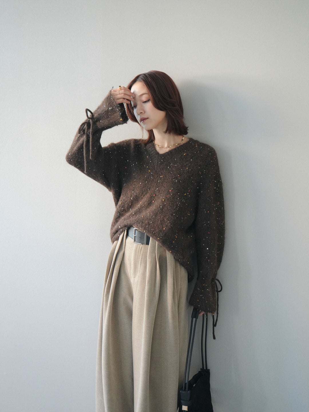 [SET]キャンディースリーブカラーネップスパンコールニットプルオーバー+ベルトデザインループコールテンワイドパンツ(ベルト付き)(2set)