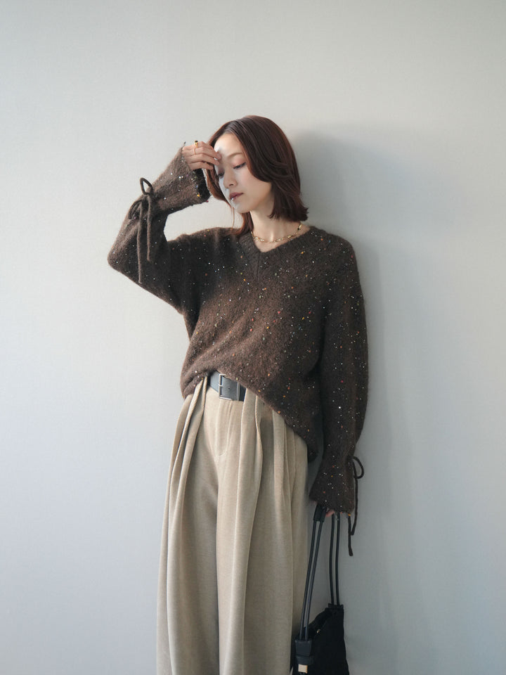 [SET]キャンディースリーブカラーネップスパンコールニットプルオーバー+ベルトデザインループコールテンワイドパンツ(ベルト付き)(2set)