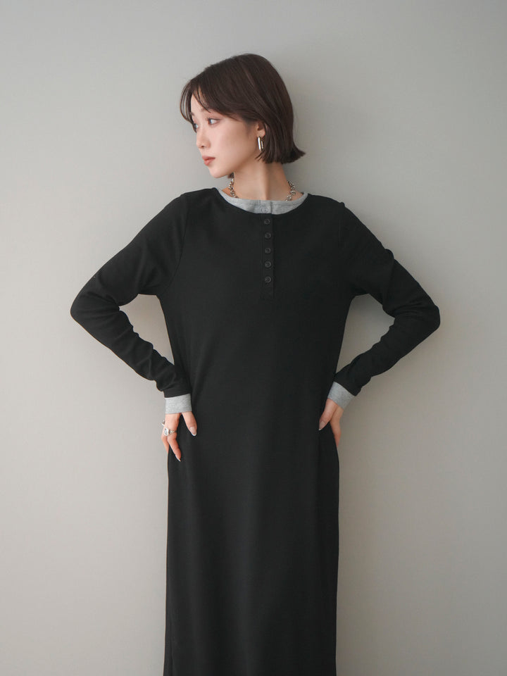 [予約]配色レイヤードヘンリーネックカットリブワンピース/black