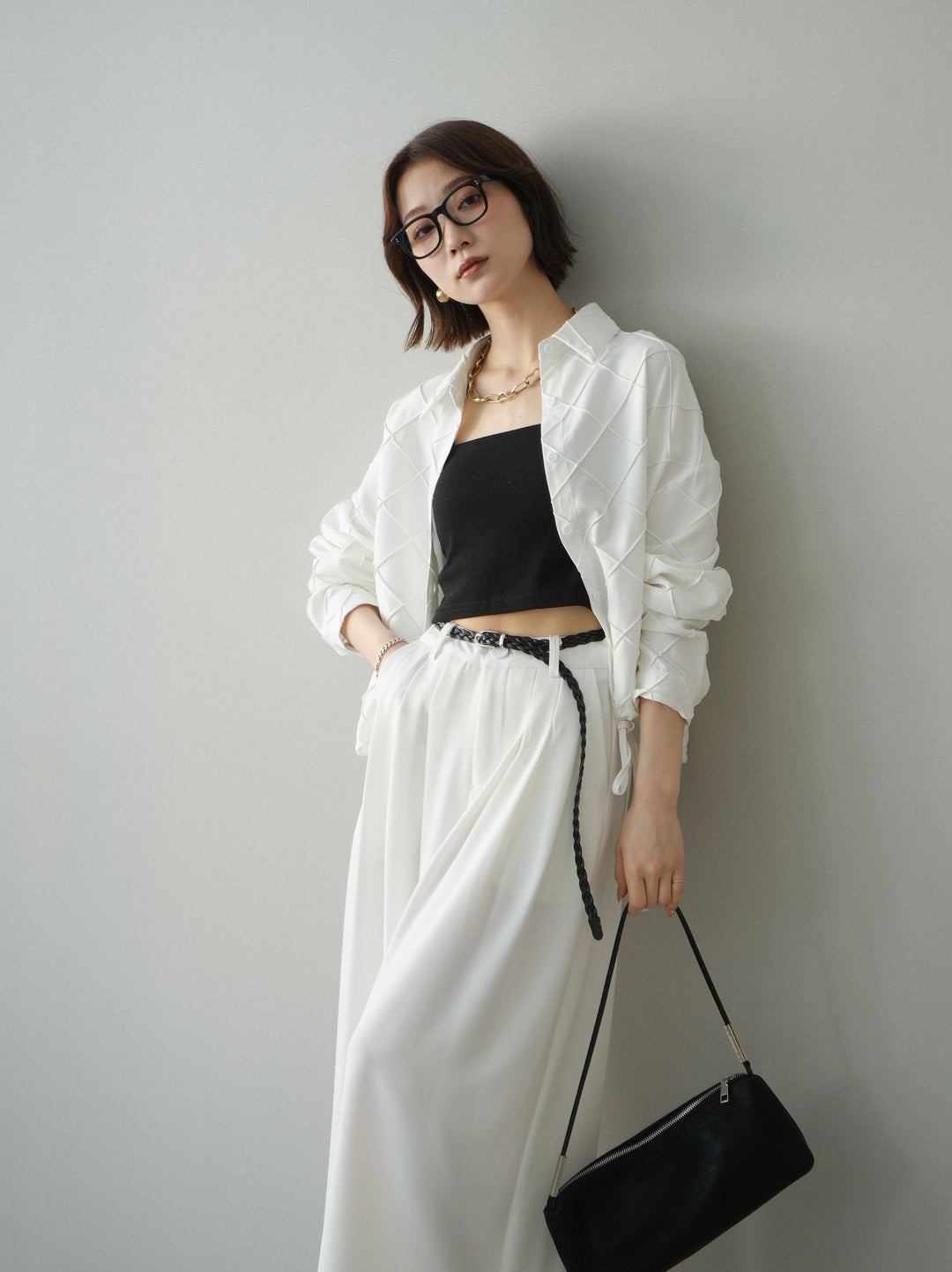 [SET]パイピングクロスデザインブラウス+編み込みベルト付タックワイドパンツ(2set)