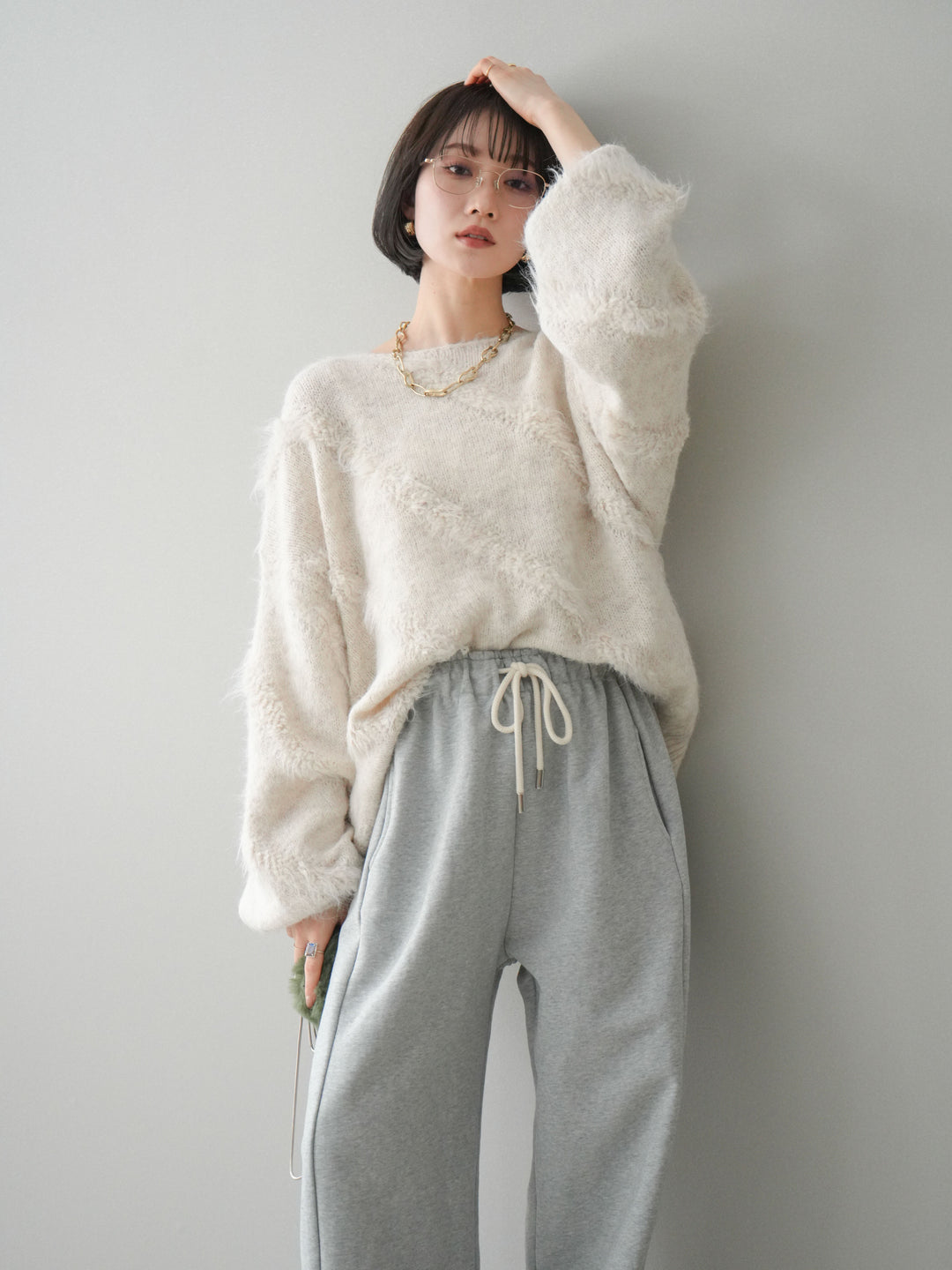 [SET]シャギーデザインニットプルオーバー+裾ZIPスエットワイドパンツ(2set)