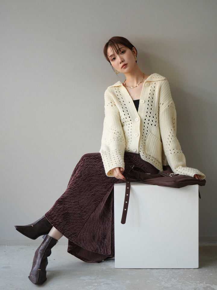 [予約]丸襟透かし編みニットカーディガン/オフ