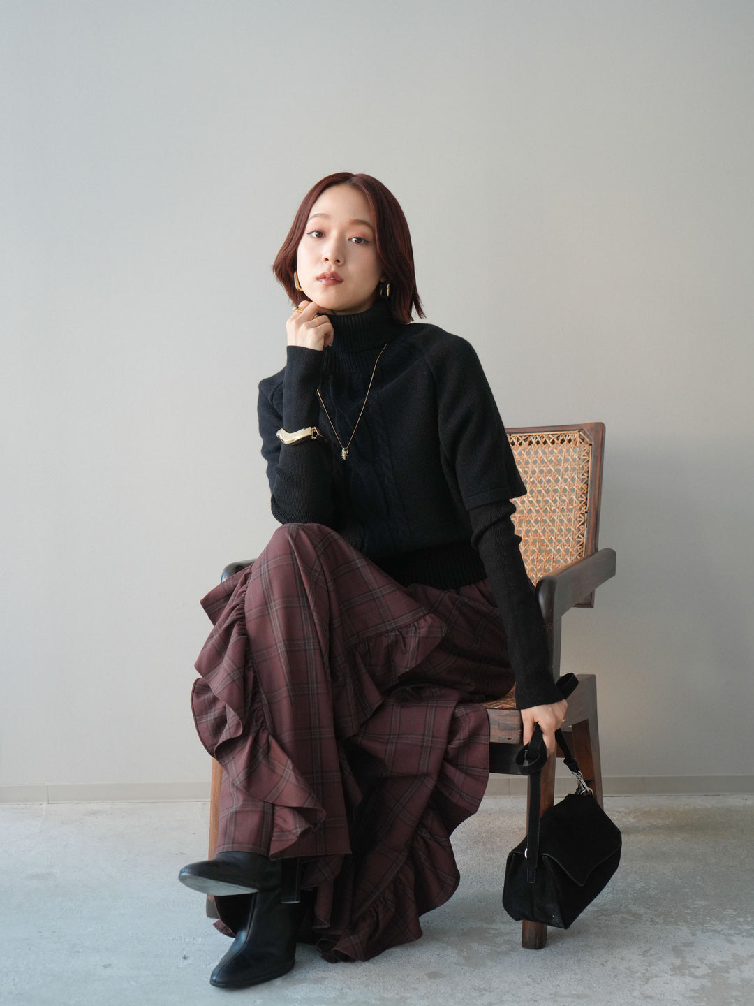 [予約]ケーブル編みタートルハーフスリーブニットアンサンブル/black