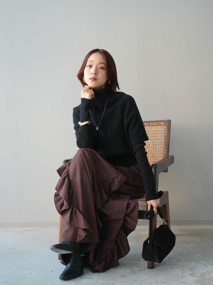 [予約]ケーブル編みタートルハーフスリーブニットアンサンブル/black