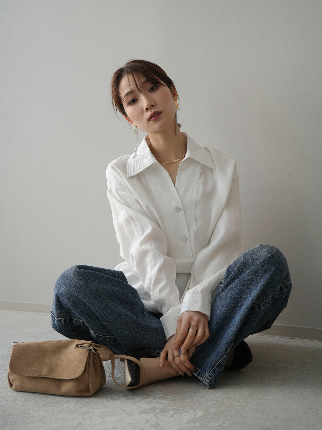 [SET]Vネック変形ラインシャツ+ダメージデニムセミワイドパンツ(2set)