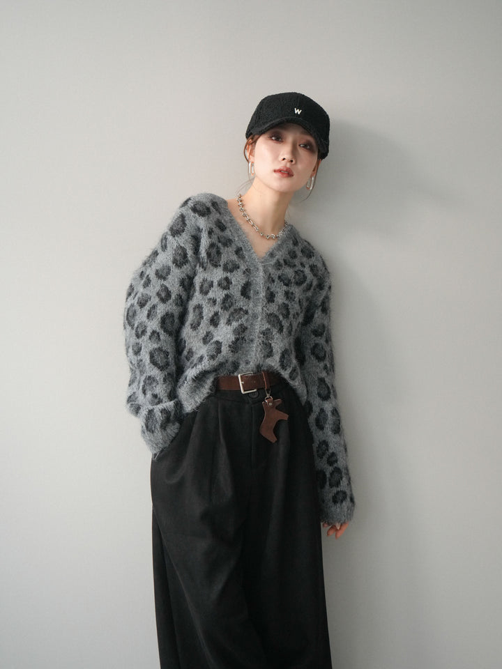 [SET]モヘアタッチレオパード柄ニットカーディガン+モチーフベルト付スエードタックワイドパンツ(2set)