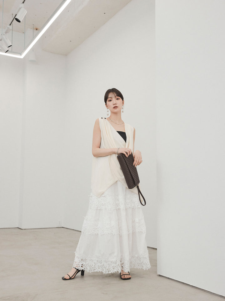 [SET]ドライタッチドレープニットプルオーバー+スカラップレースロングスカート(2set)