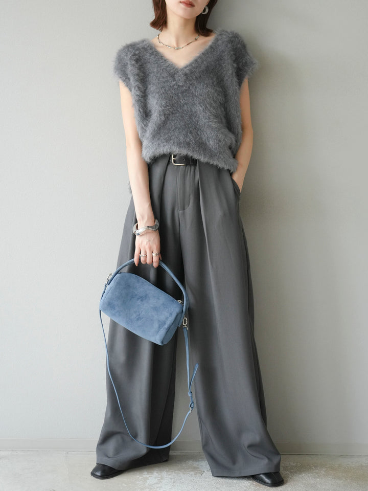 [SET]ラメシャギーVネックニットベスト+ベルトループデザインワイドパンツ(2set)