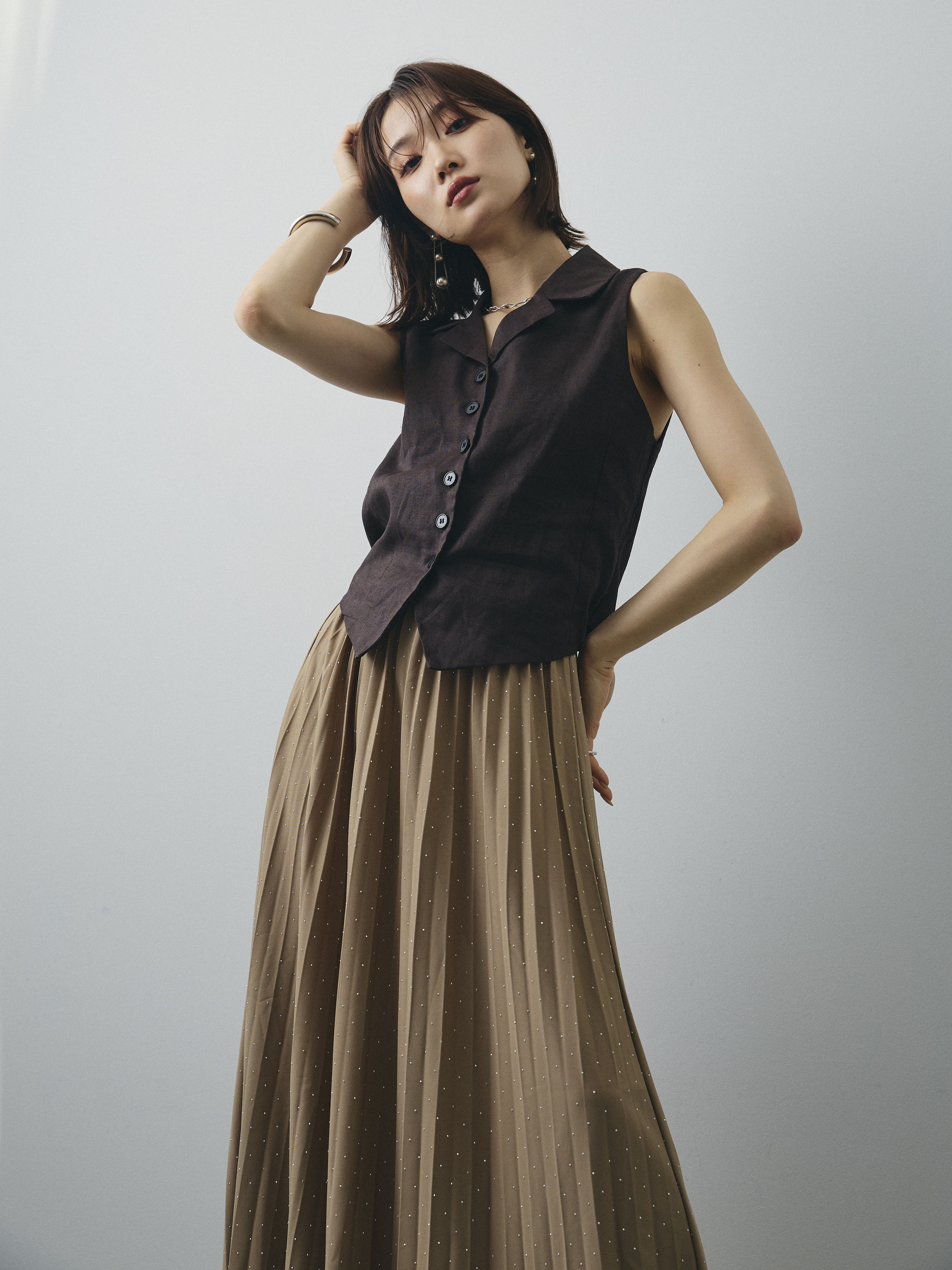 予約]リネンライクテーラードジレ/ブラウン – Lumier