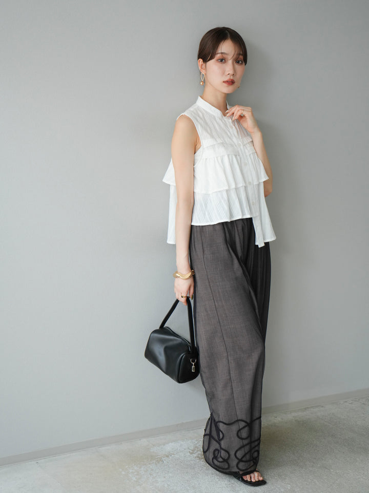 [SET]ドビーストライプアシンメトリーフリルノースリブラウス+コード刺繍チュールレイヤードパンツ(2set)