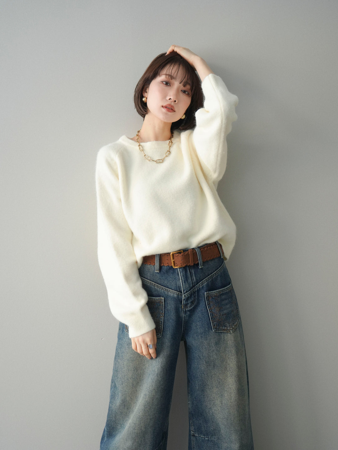 [予約]クルーネックモチモチニットプルオーバー/white