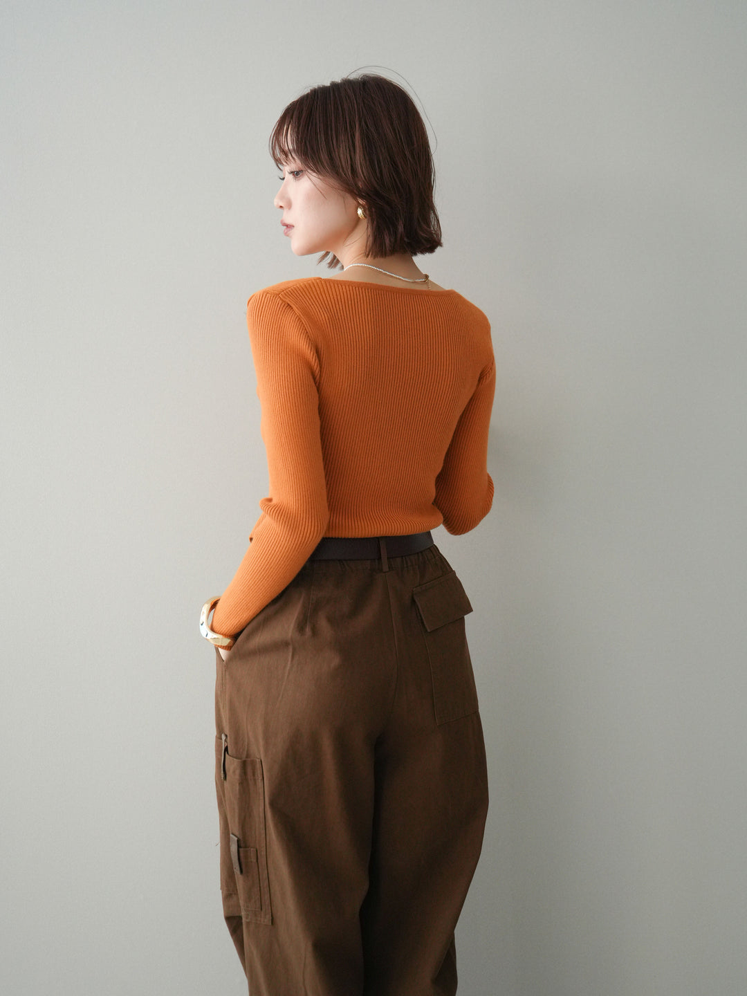 [予約]Vネック配色レイヤードスリットニットトップス/orange