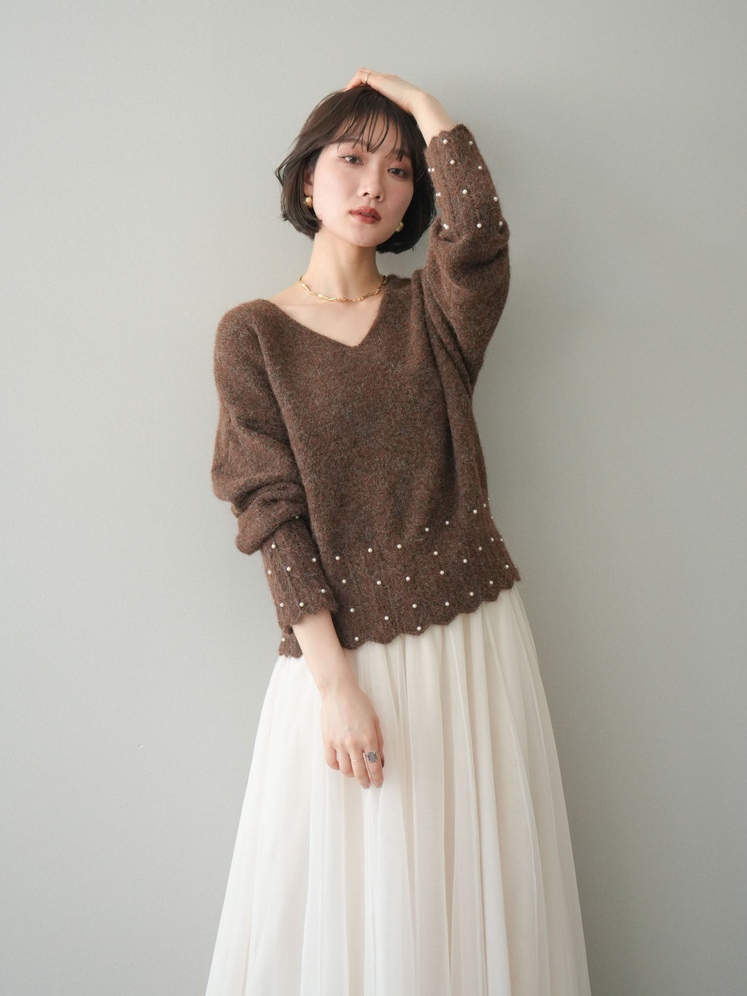 [SET]パールフリルリブヘムニットプルオーバー+チュールボリュームスカート(2set)