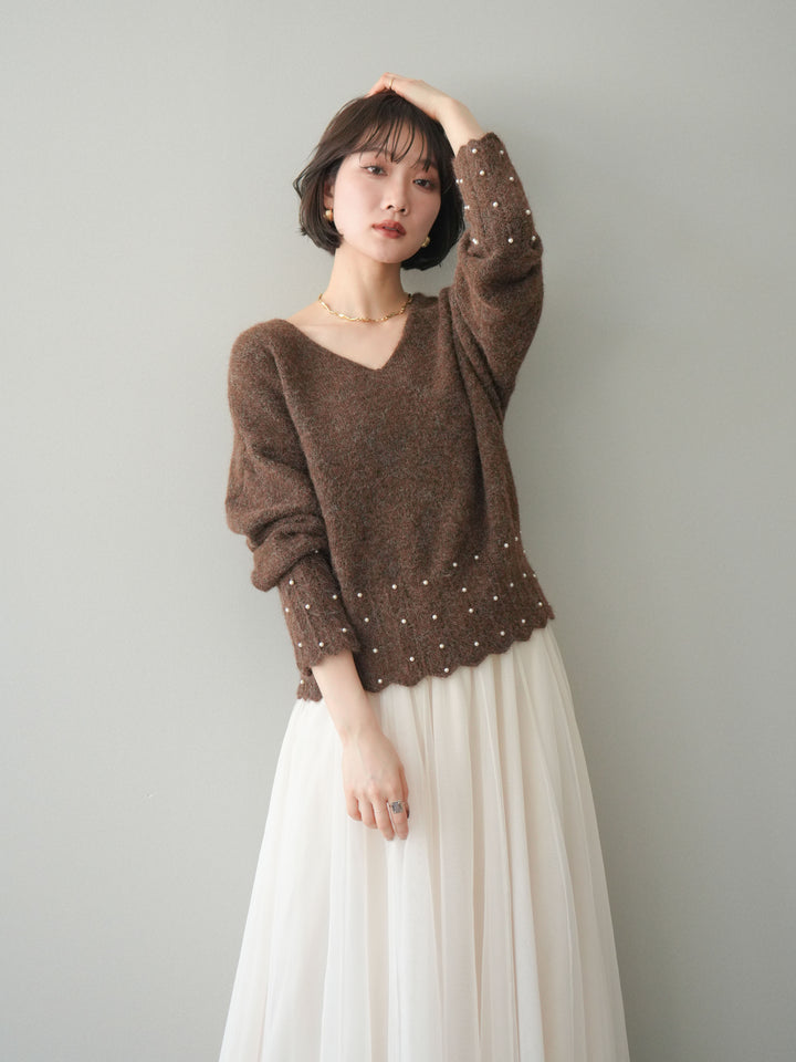 [SET]パールフリルリブヘムニットプルオーバー+チュールボリュームスカート(2set)