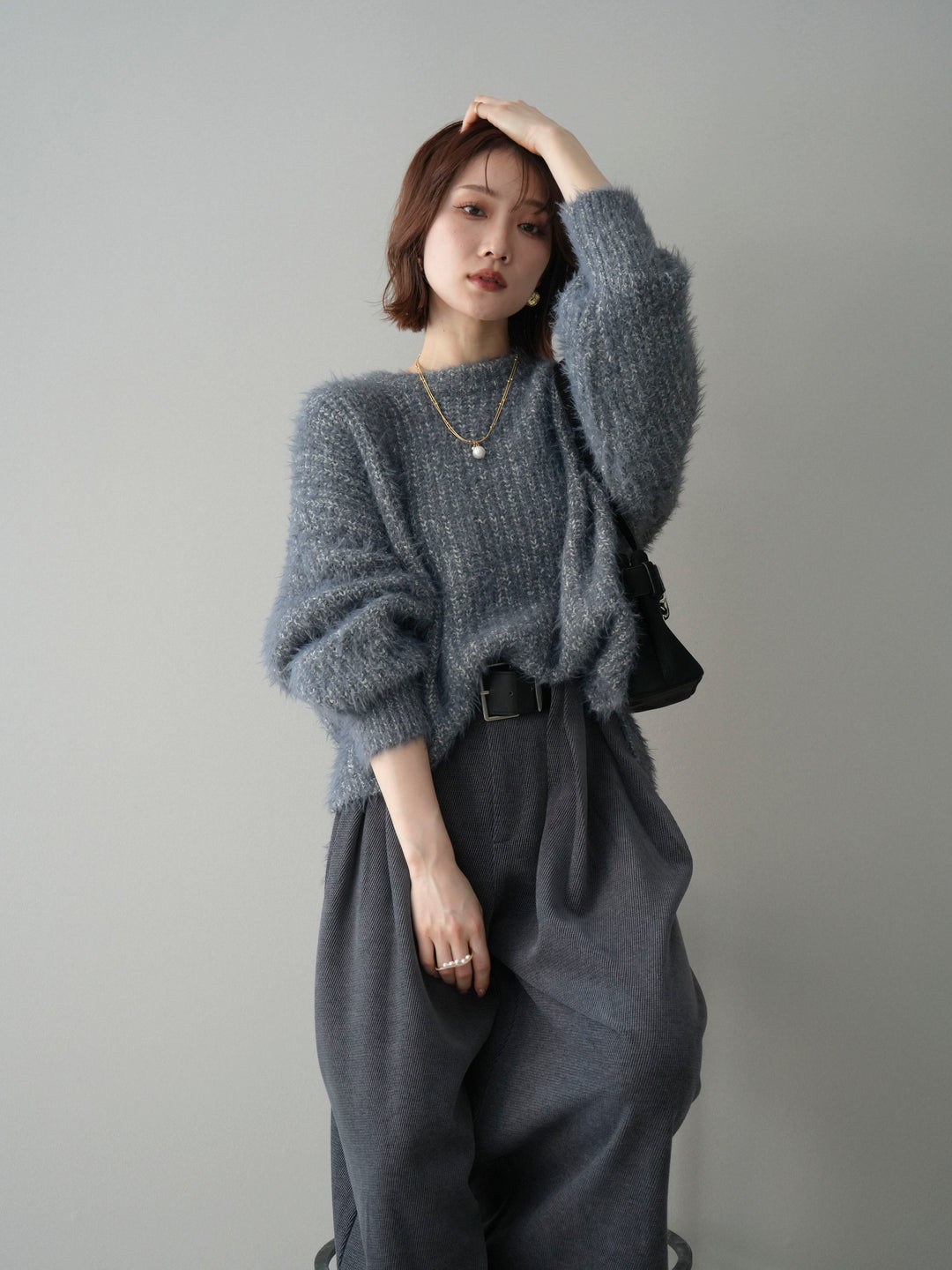 [SET]ボリュームスリーブシャギー MIXニットプルオーバー+選べるアクセセット(2set)