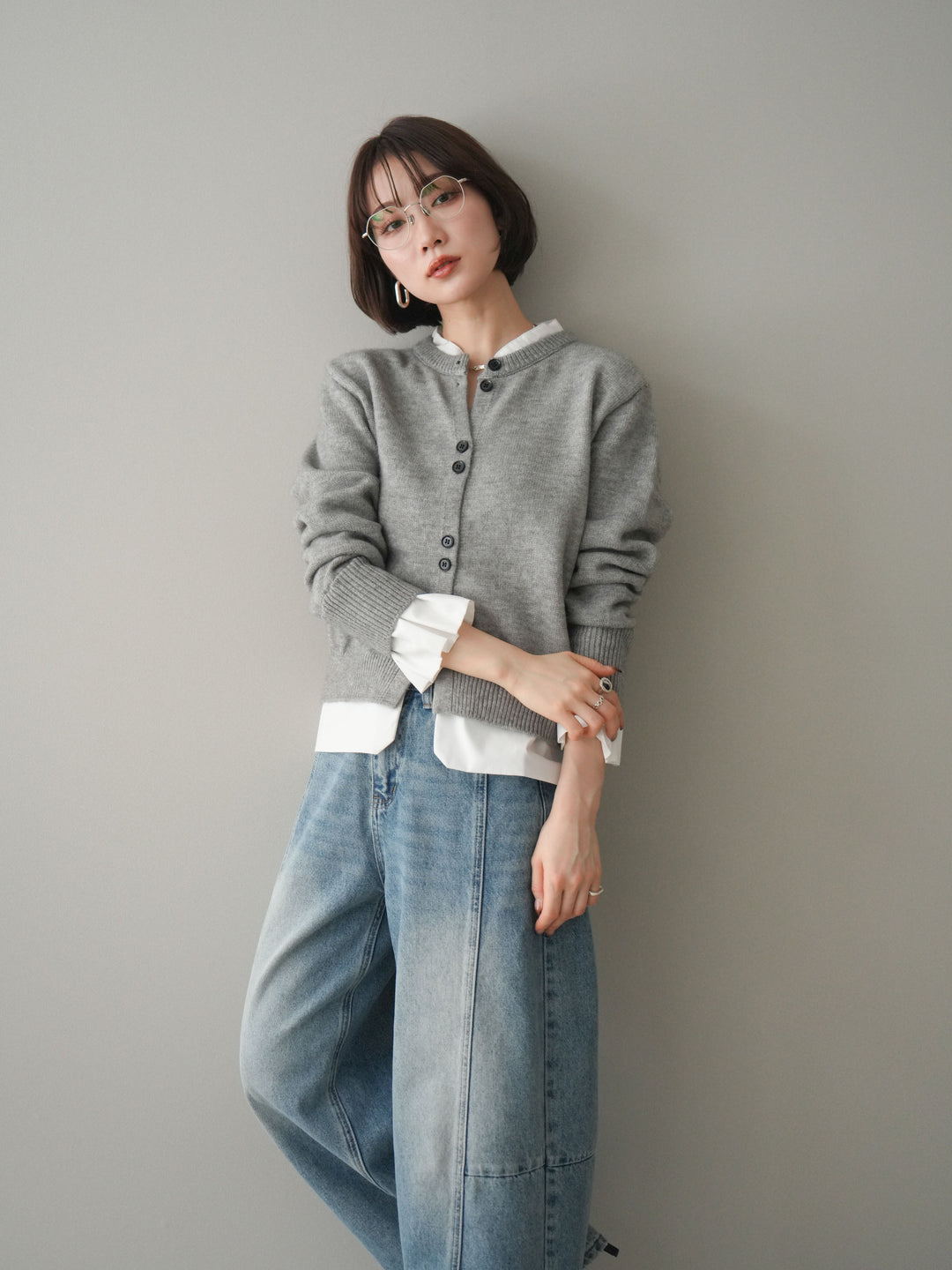 [SET]布帛ドッキングニットカーディガン+ガーメントウォッシュカーブデニムパンツ(2set)