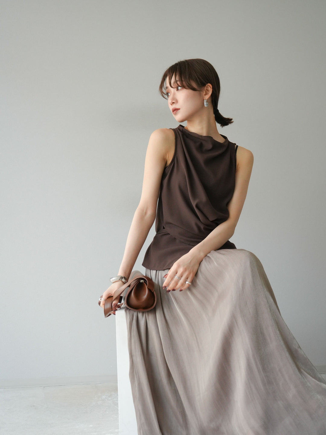 [SET]ノースリーブトップス＆シャイニーフレアスカートSET UP/(2set)