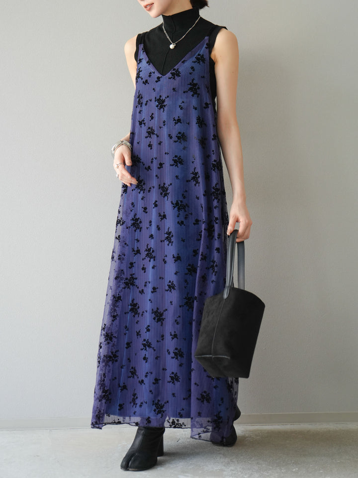 [SET]フロッキーチュールレイヤードベロアキャミワンピース+プチネックセンターシームノースリーニットトップス(2set)